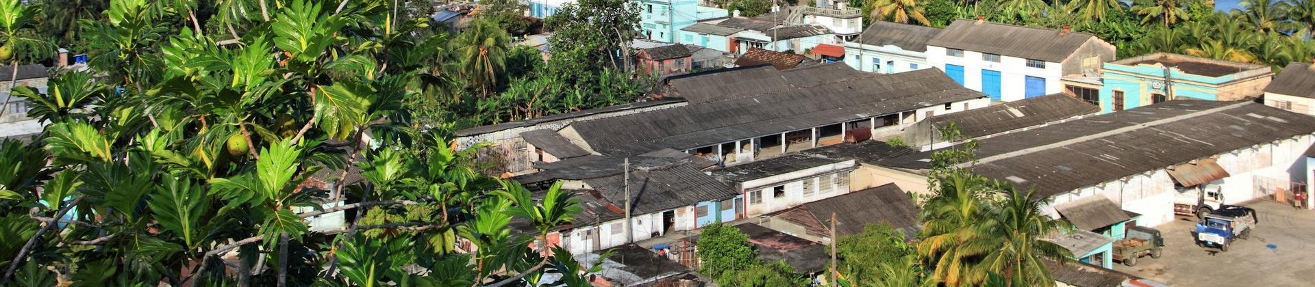 Aerial view of countryside in Baracoa in sunny weather with few clouds