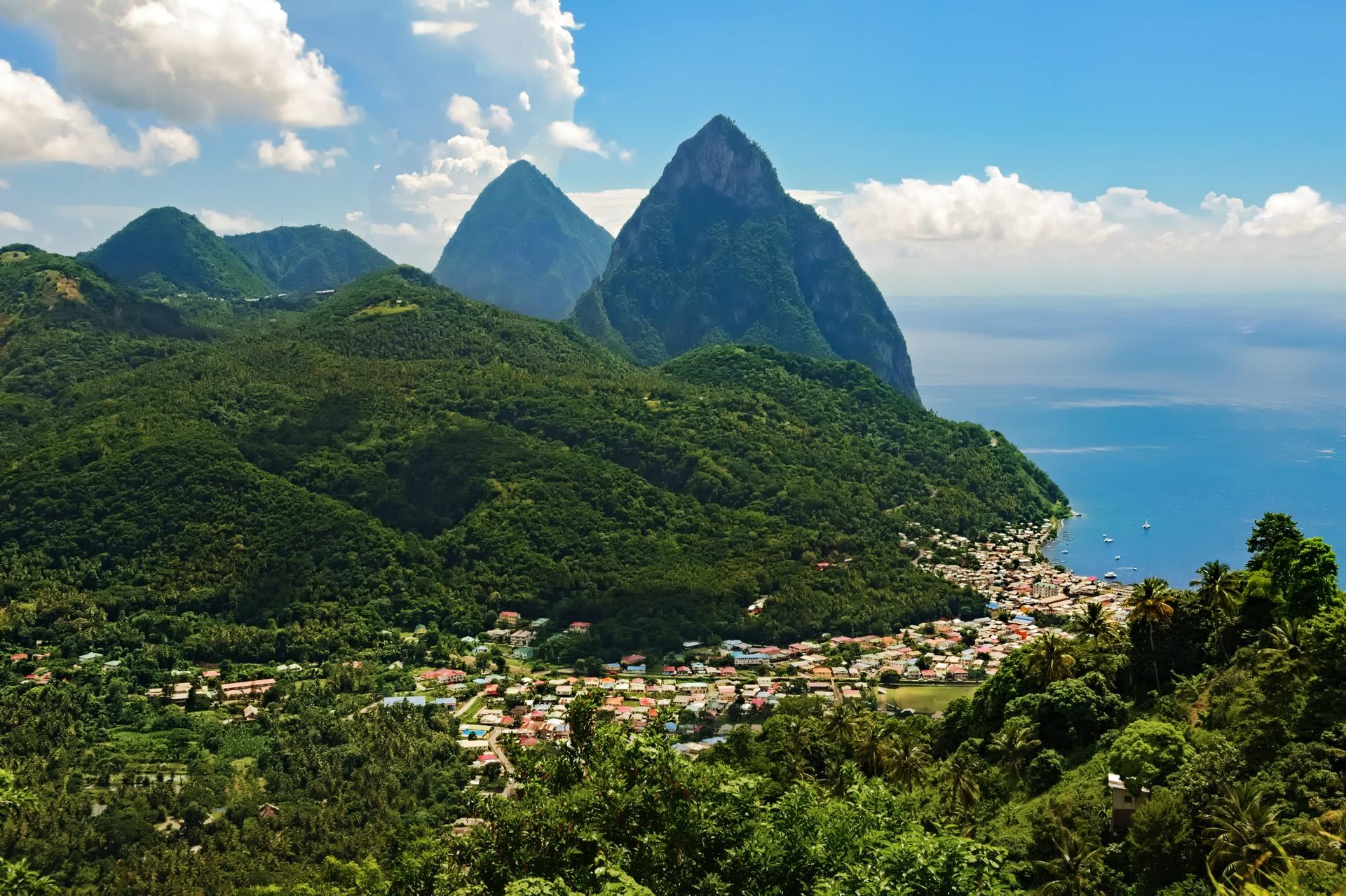 Aerial view of countryside in Soufriere in partly cloudy weather