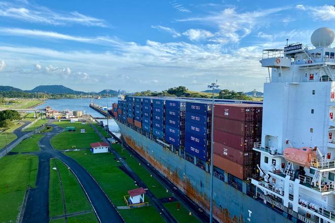 Big cargo ship in the Panama Canal