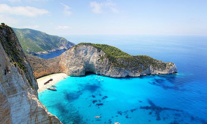 Beautiful beach on the Greek island of Zakynthos hidden among the rocks.