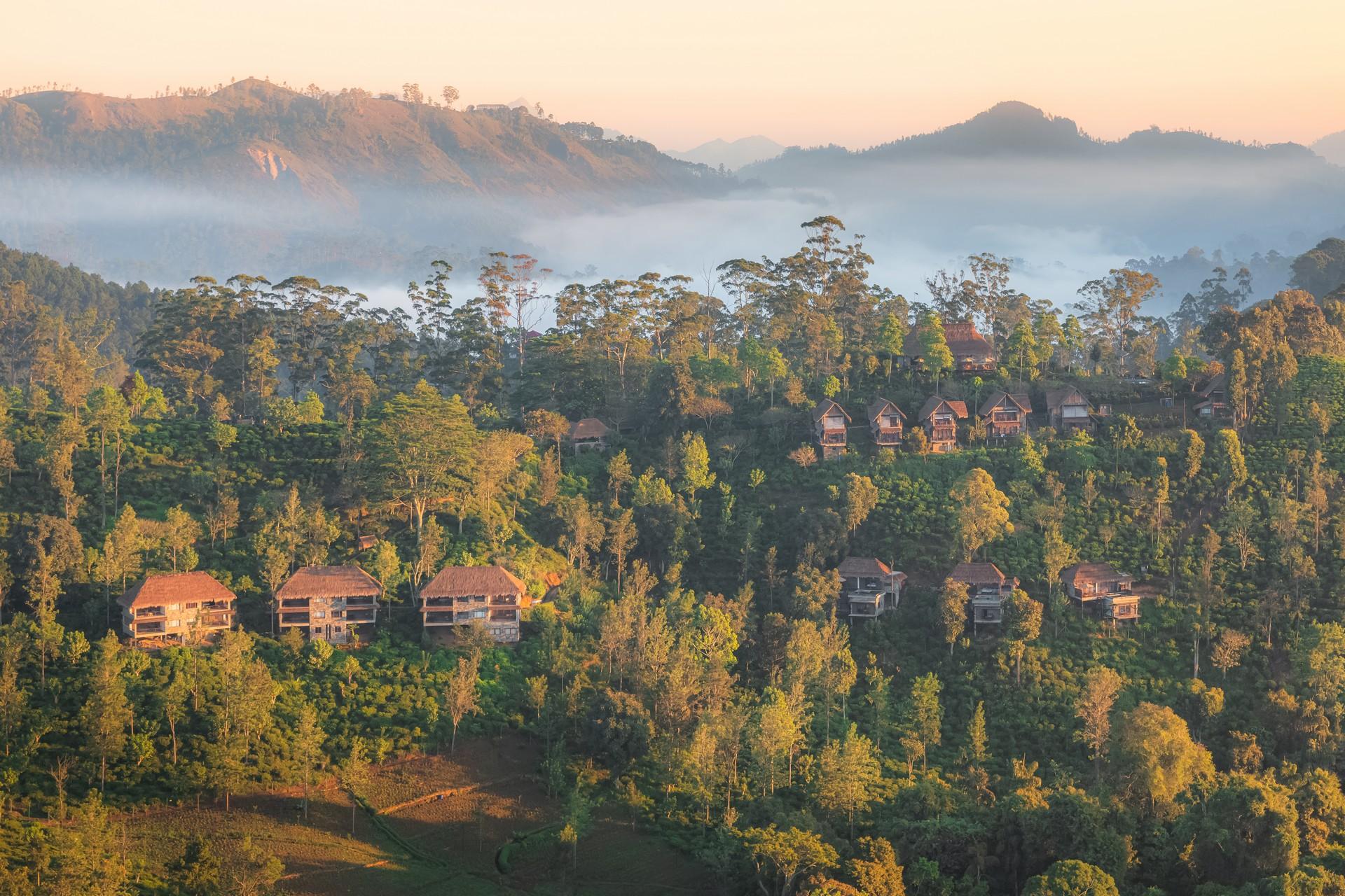 Aerial view of mountain range in Ella at dawn