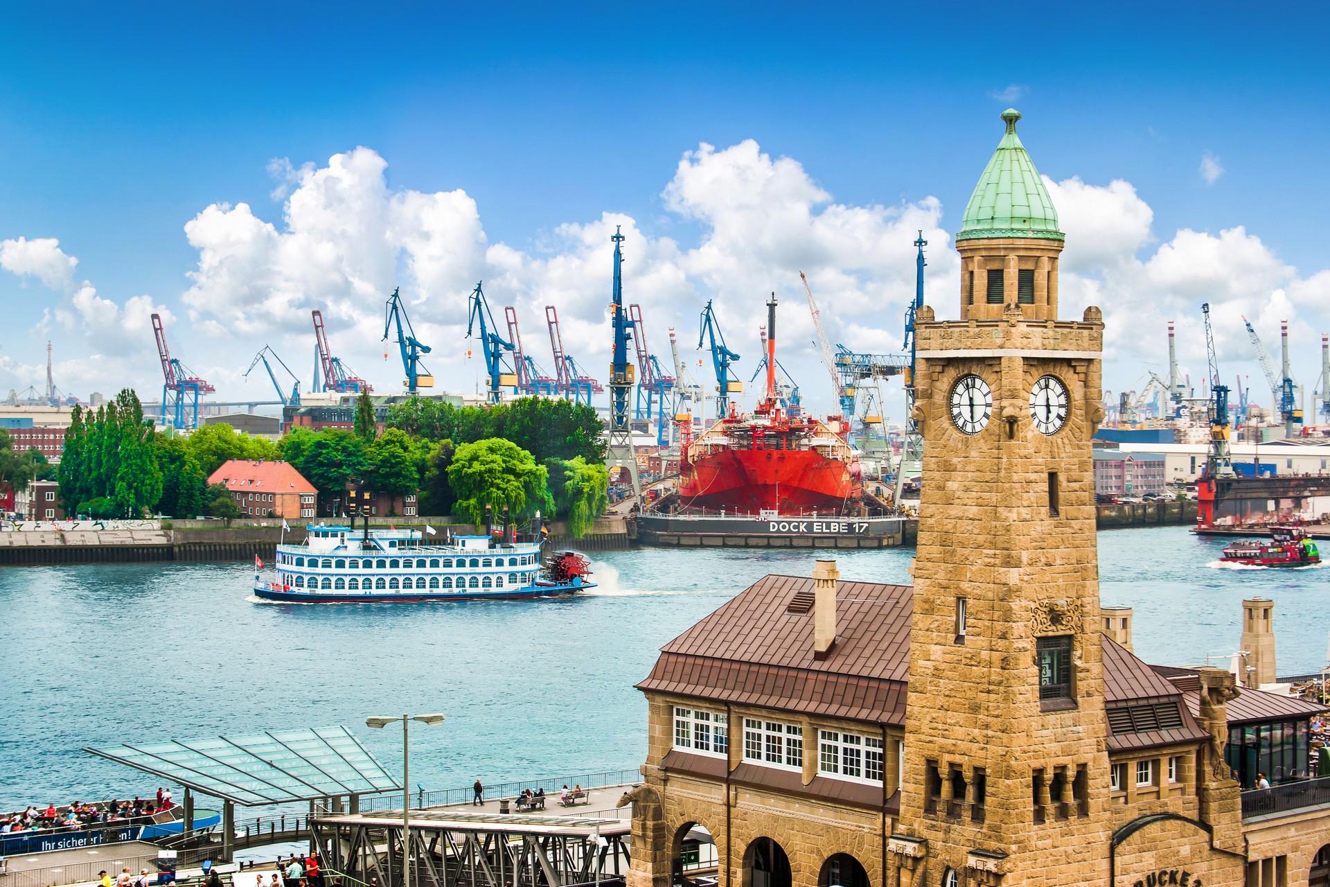 Boat in Hamburg in partly cloudy weather