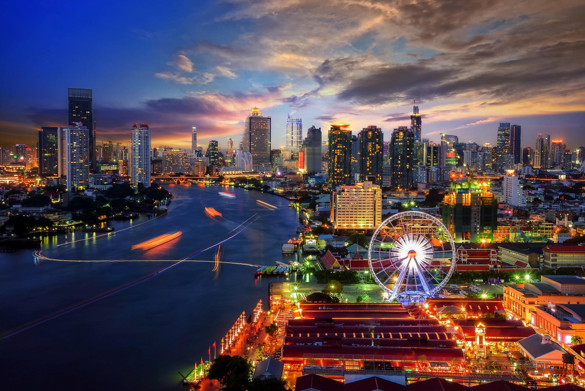 Aerial view of mountain range in Bangkok at sunset time