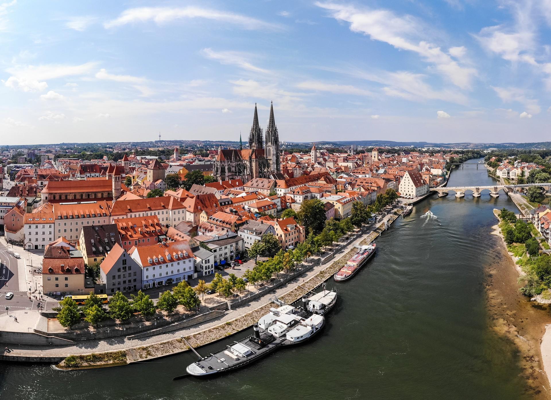 Aerial view of architecture in Regensburg on a sunny day with some clouds