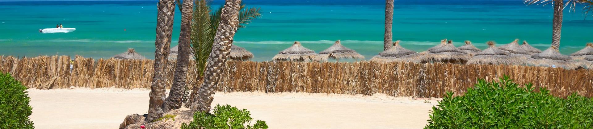 Beach with turquise sea in Djerba on a clear sky day