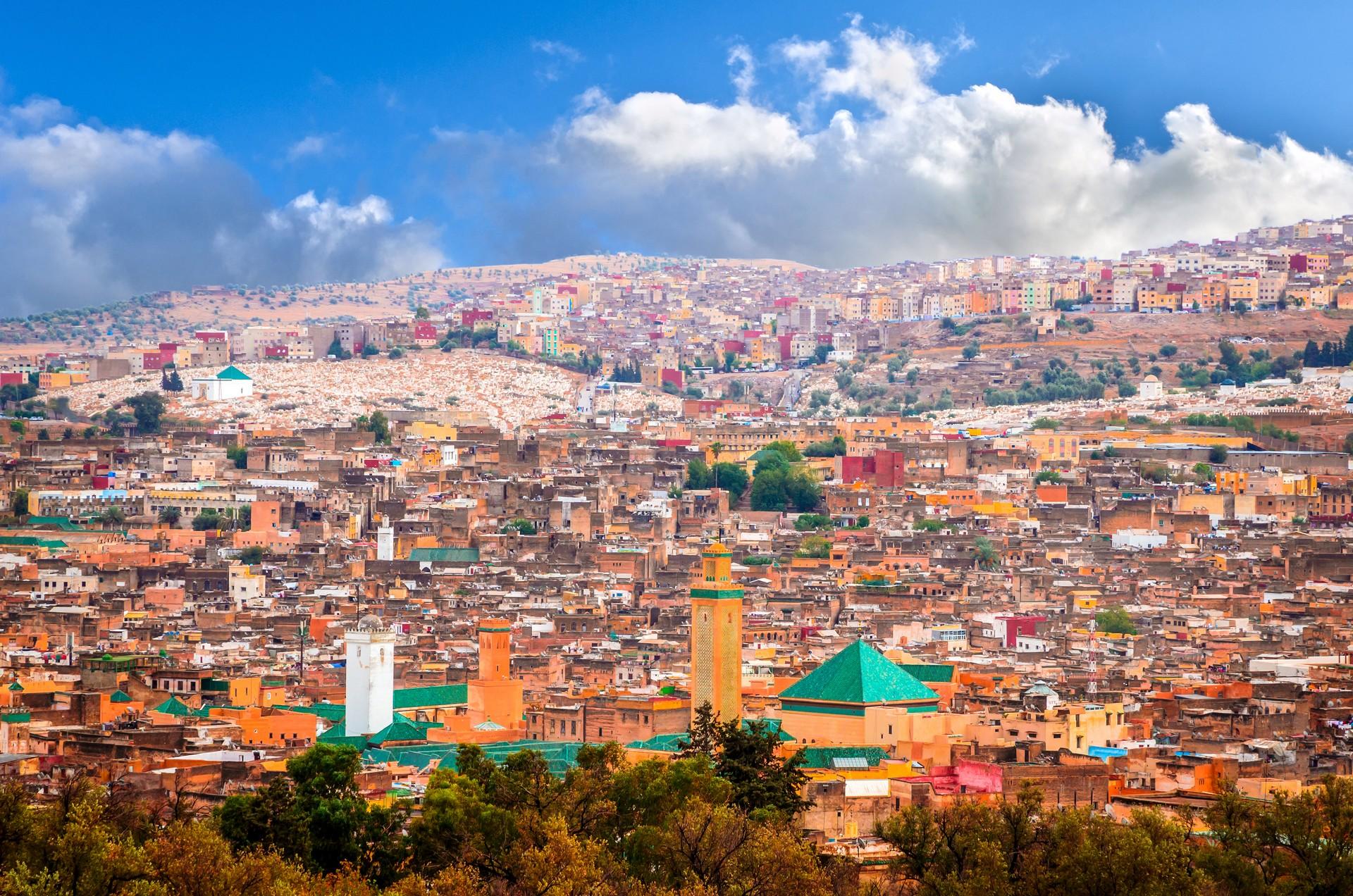 Aerial view of countryside in Fez in partly cloudy weather