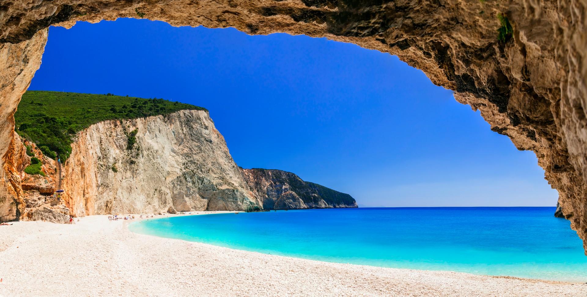 Nice beach by the sea and lake in Lefkada on a clear sky day