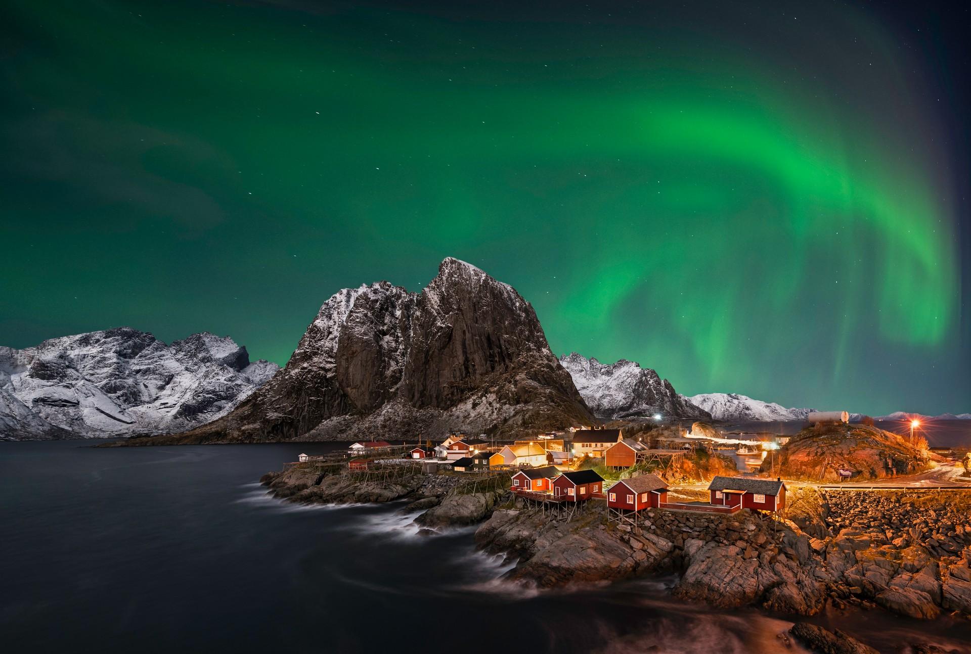 Mountain range in Lofoten in the night