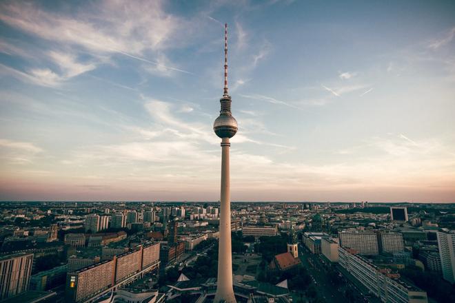 View of the Berlin'S TV Tower with houses in the background