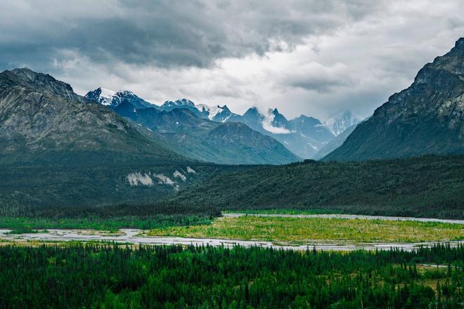 View of mountains and forests in Alaska