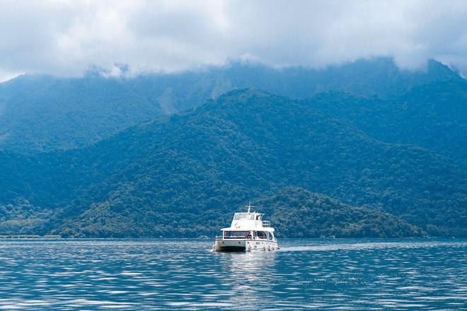 View of a boat on Sun Moon Lake in Taiwan