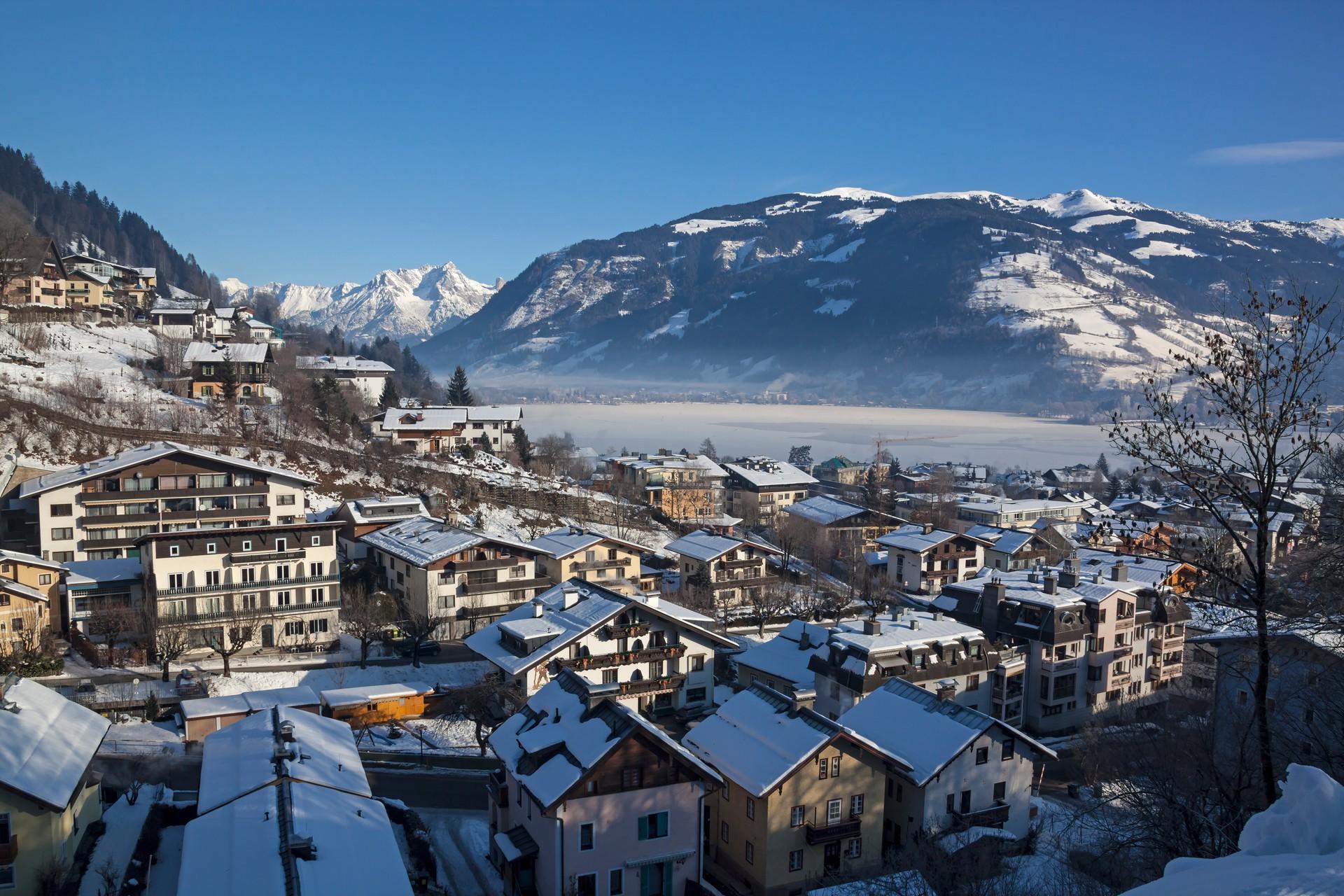 Aerial view of mountain range in Zell am See with nice weather and blue sky