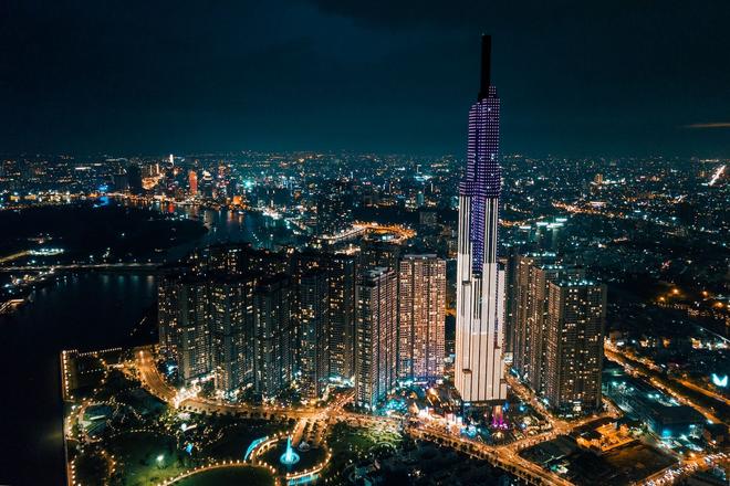 The nighttime cityscape of Ho Chi Minh City in Vietnam