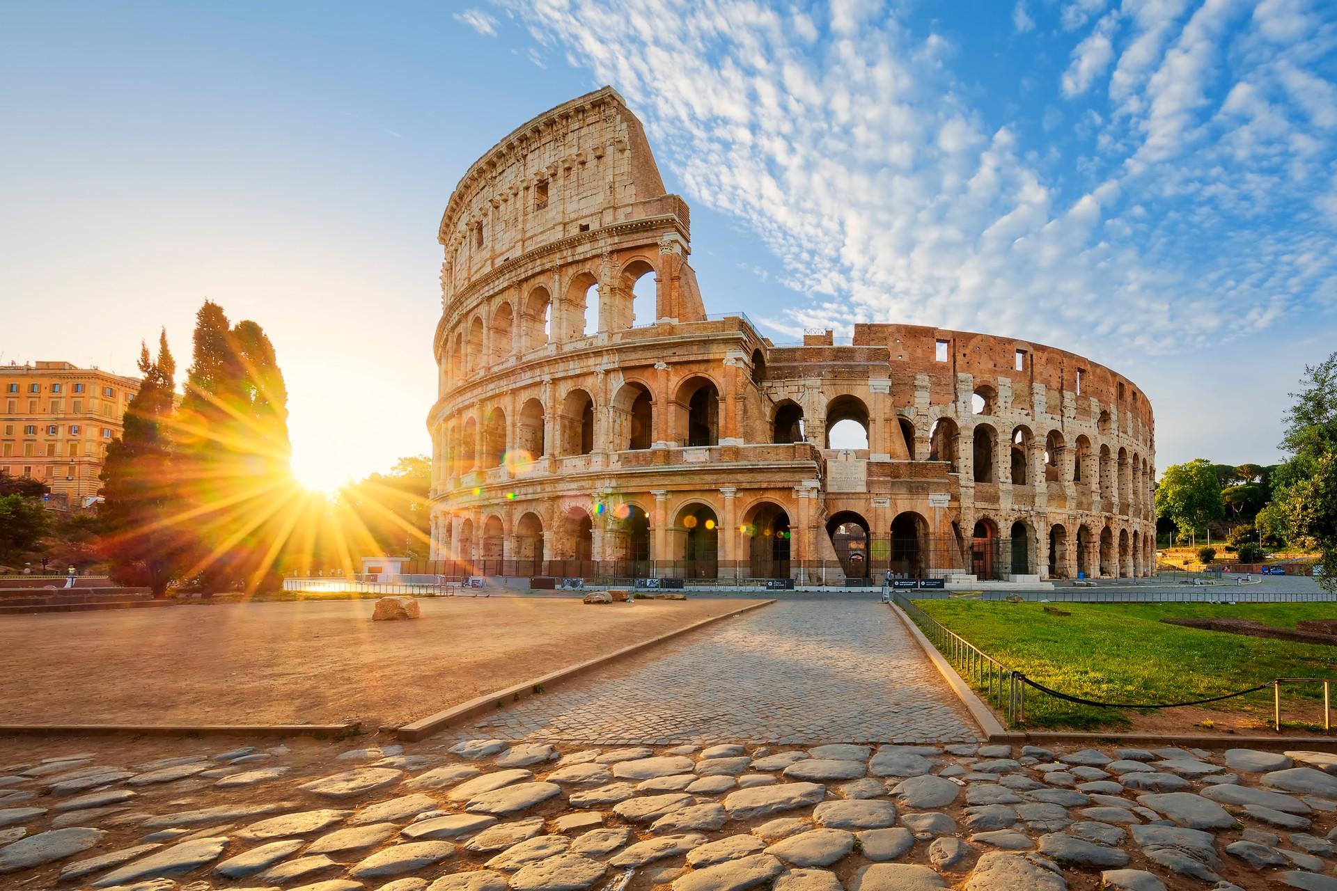 City square in Rome at sunset time