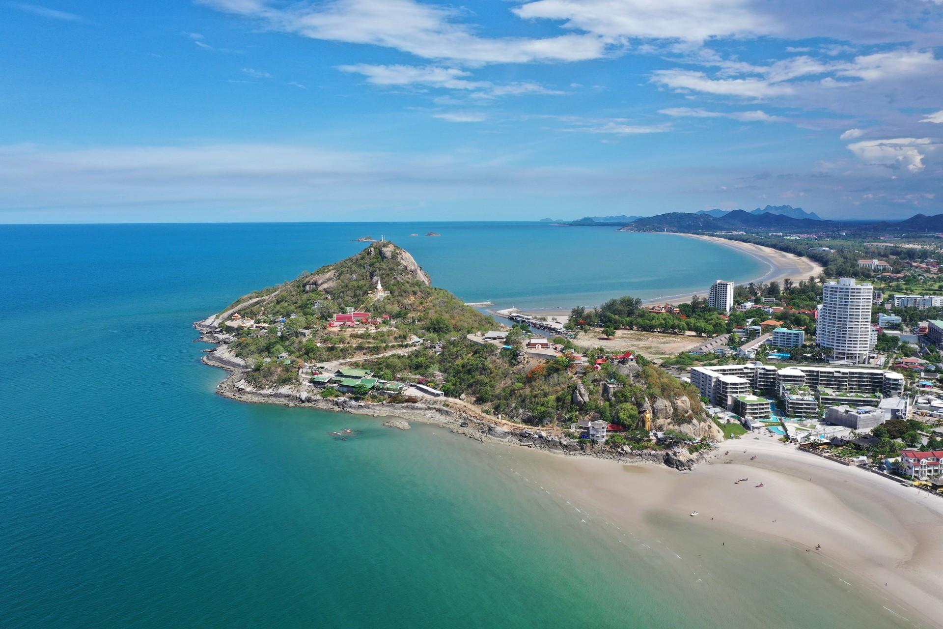 Aerial view of beach in Hua Hin in partly cloudy weather