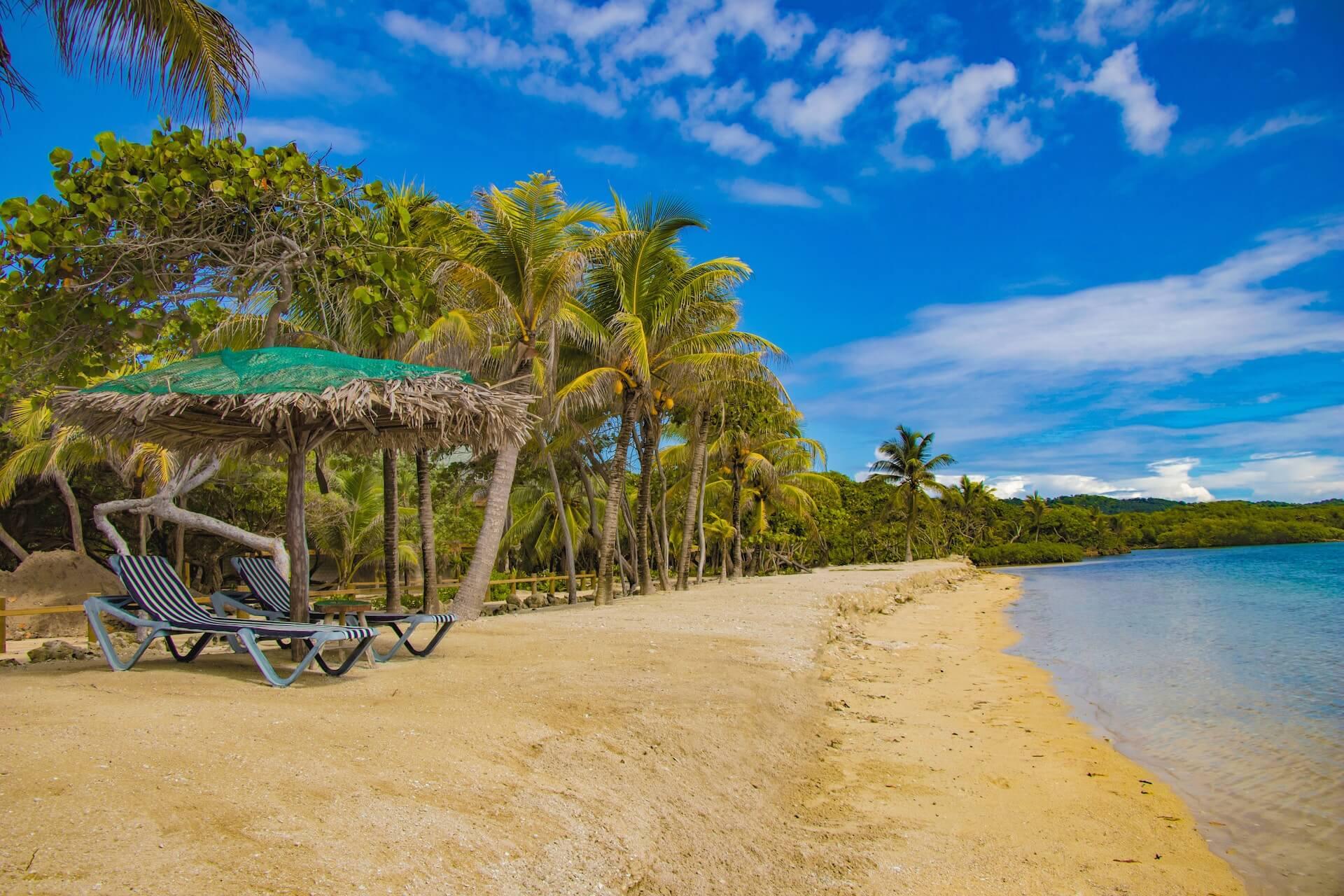 View of two loungers and a sunshade located on a beach with palms surrounded by sea in Roatán