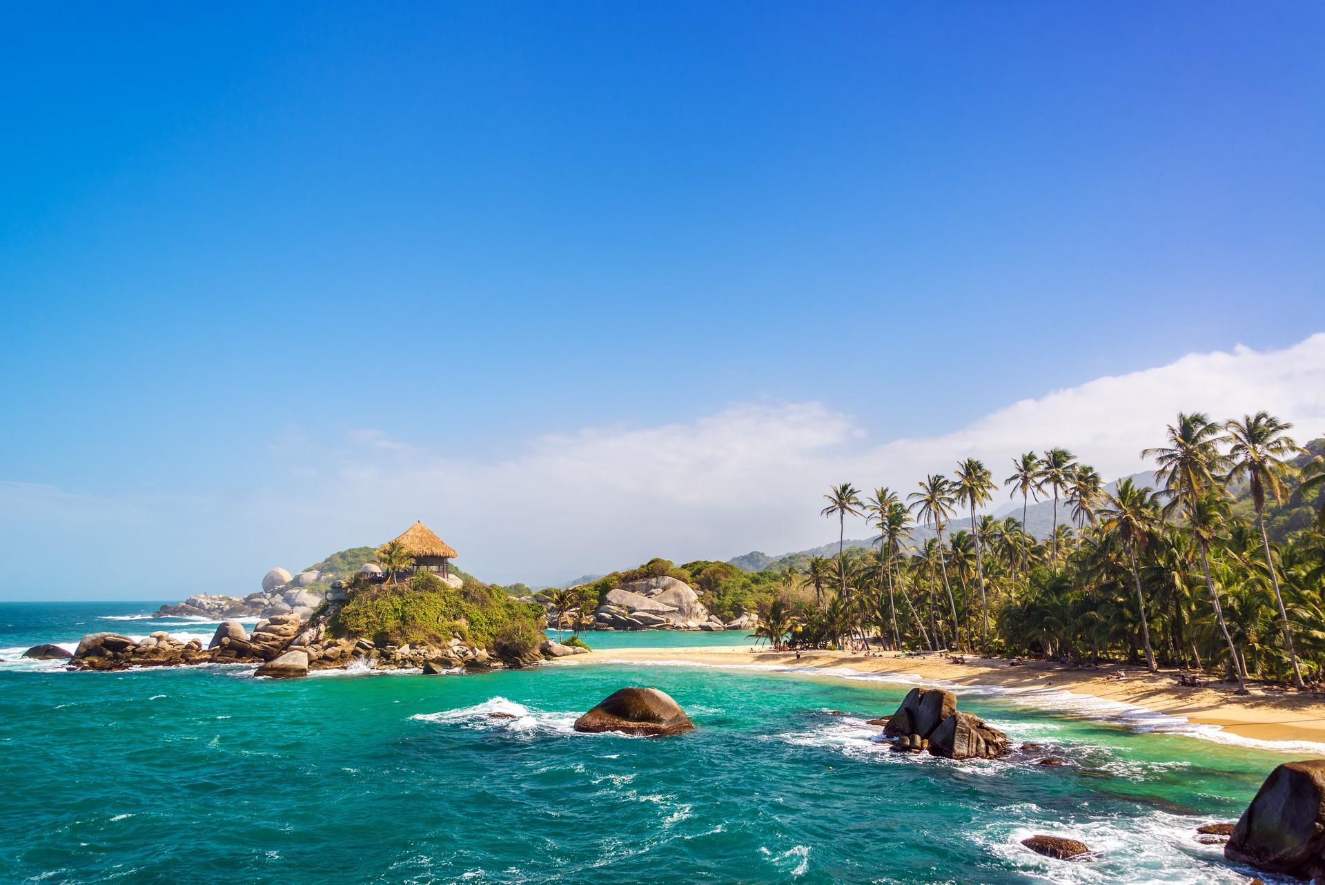 Beach with turquise sea near Santa Marta in sunny weather with few clouds