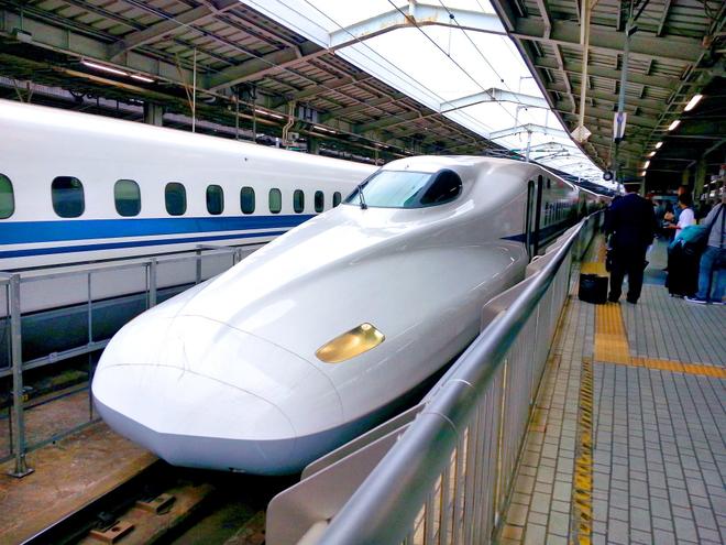 Japan: Shinkansen bullet train at the platform.
