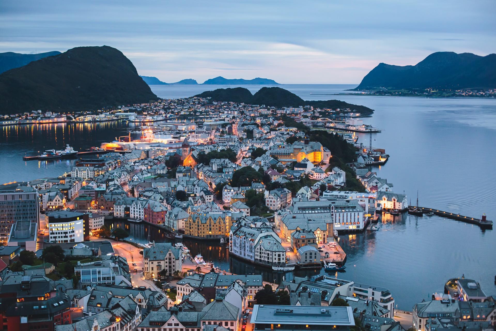 Aerial view of boat in Stavanger at sunset time