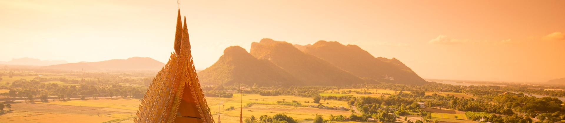 Aerial view of countryside in Kanchanaburi at sunset time