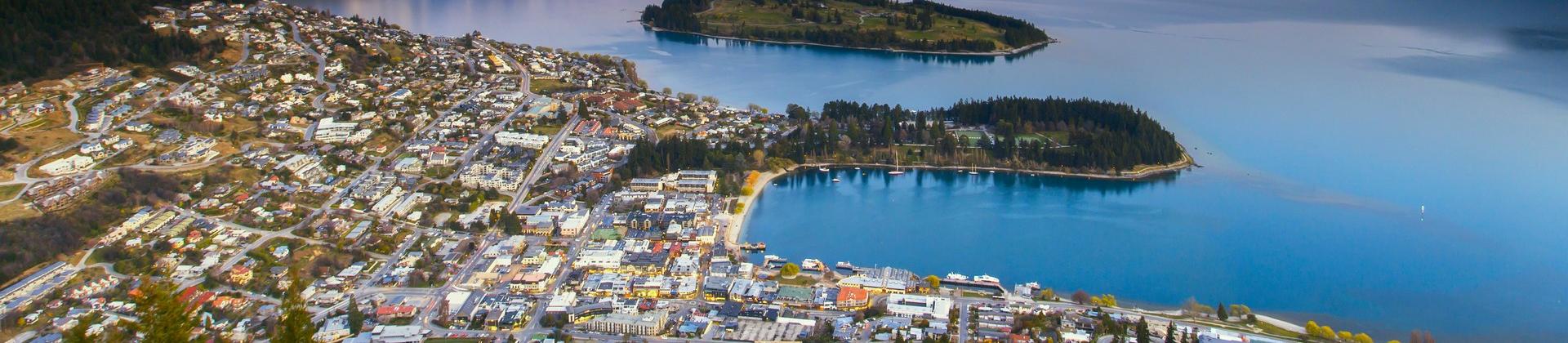 Aerial view of beach in Queenstown at sunset time