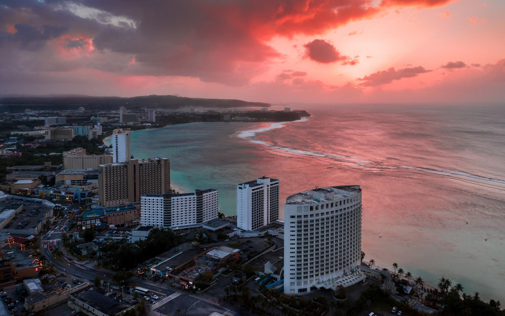 Aerial view of beach in Tumon at dawn