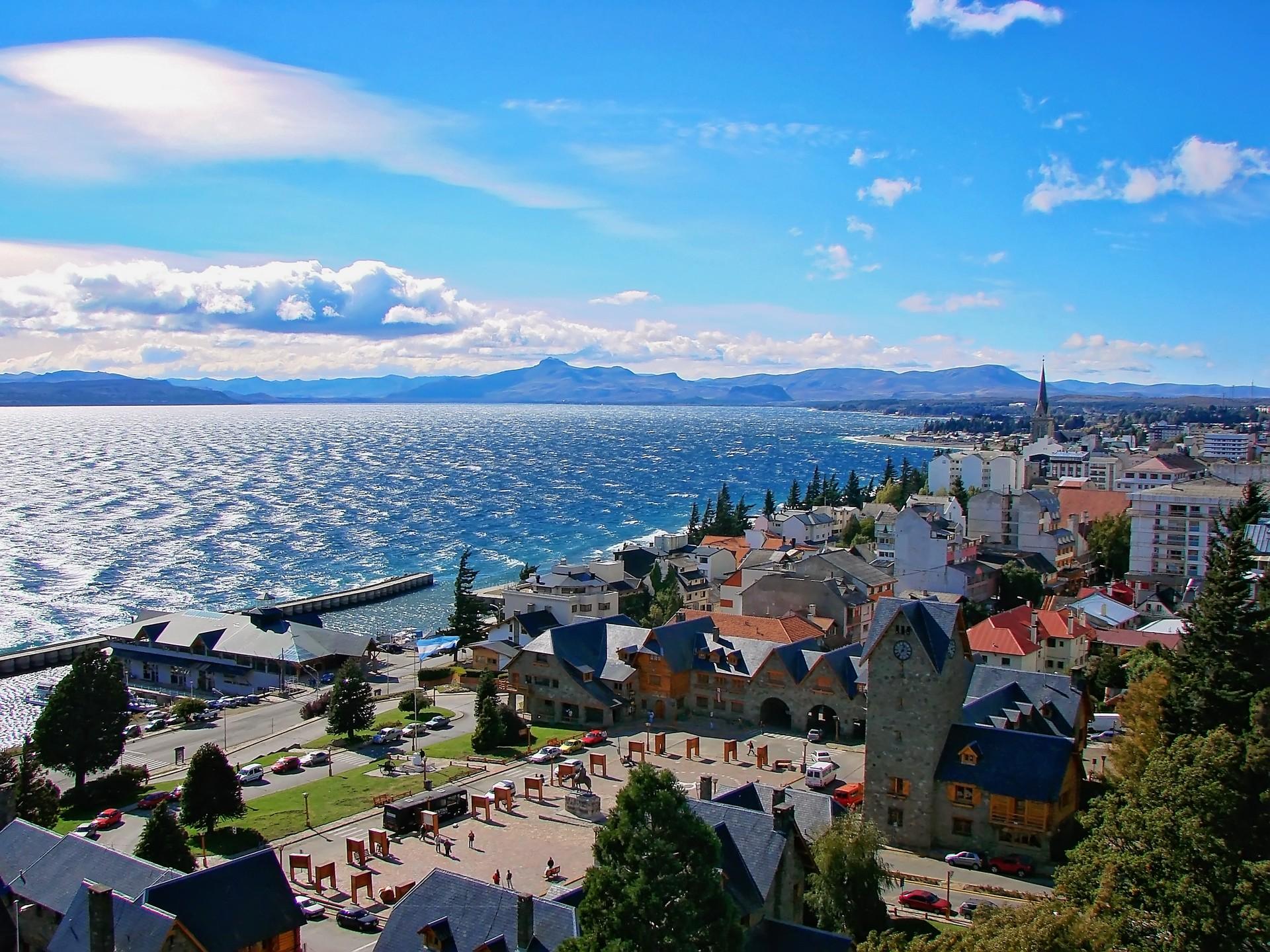 Aerial view of port in San Carlos de Bariloche in sunny weather with few clouds