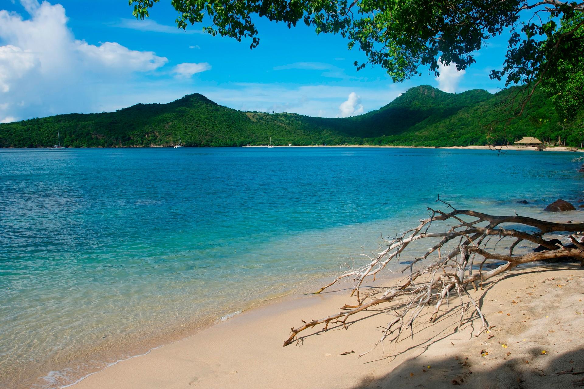 Nice beach by the sea with turquise water in Saint Vincent in sunny weather with few clouds