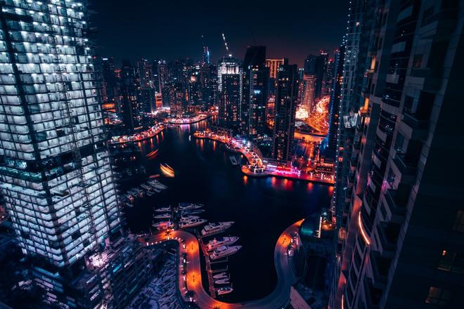 The Dubai Marina in the middle of the city full of buldings and skyscrapers