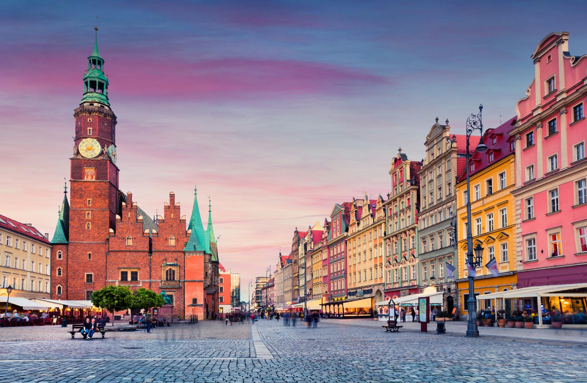 City square in Wrocław at sunset time