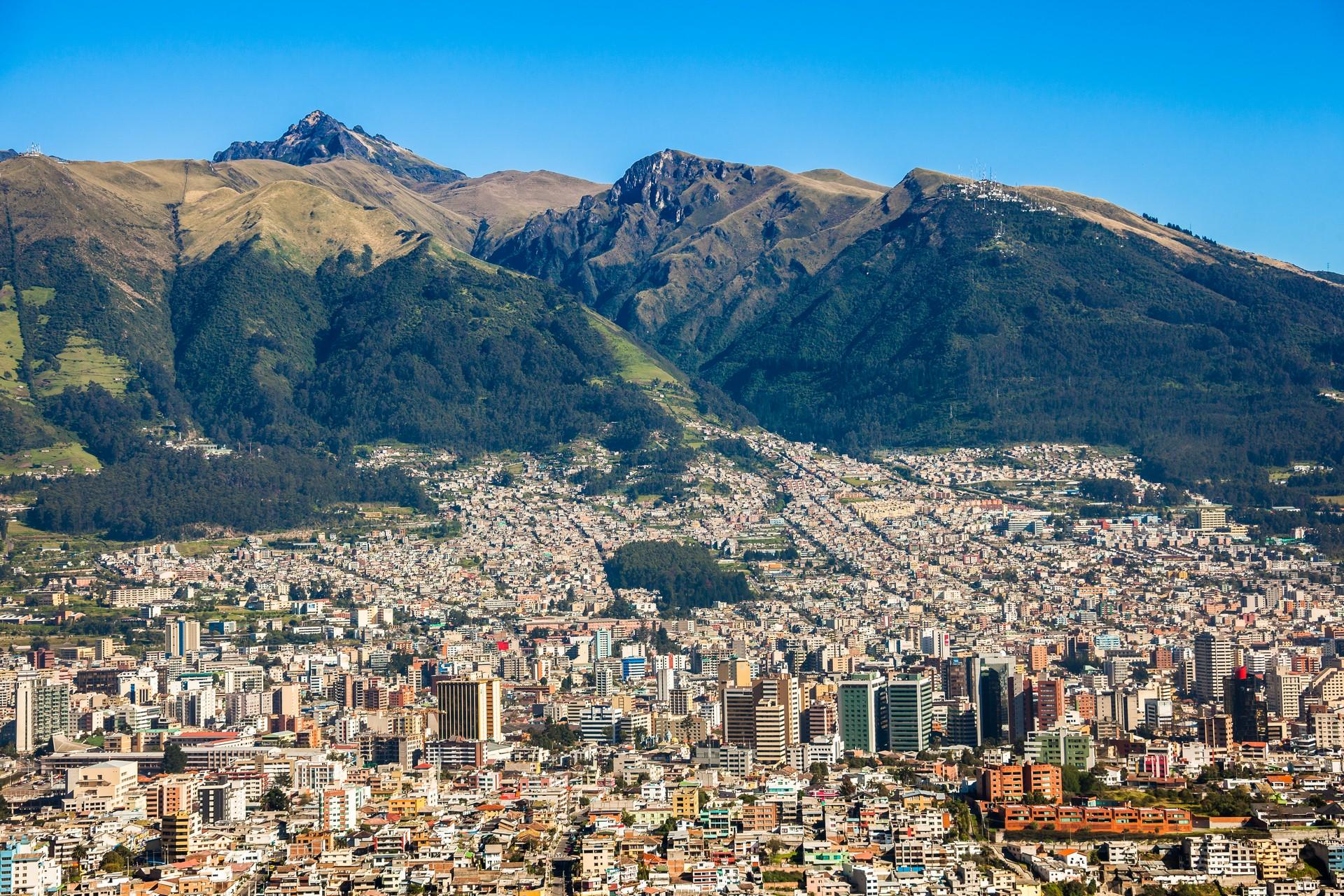 Aerial view of mountain range in Quito on a sunny day