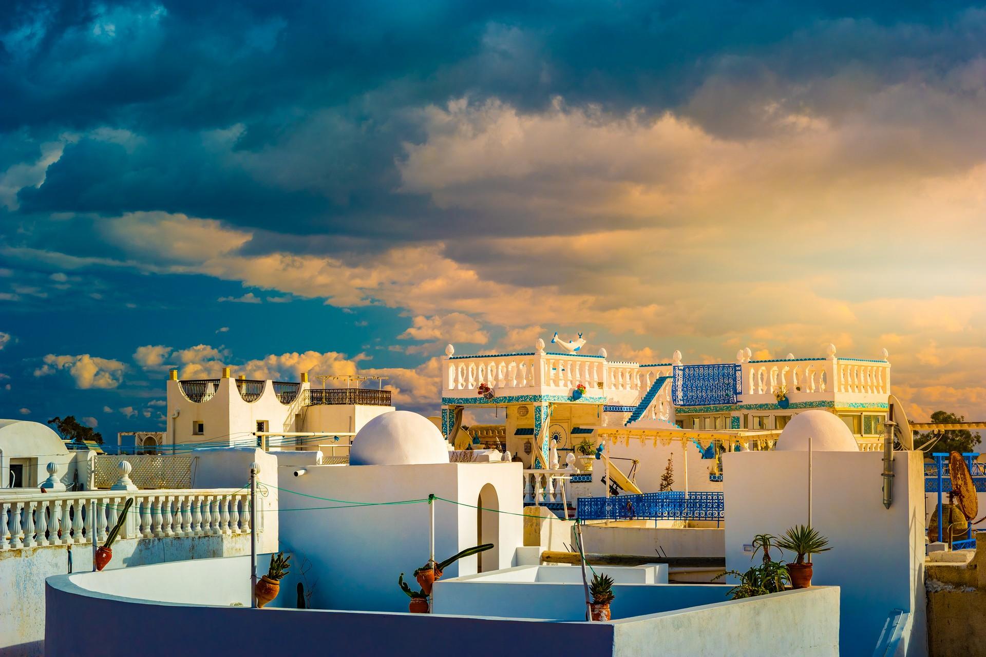 Architecture in Hammamet at sunset time