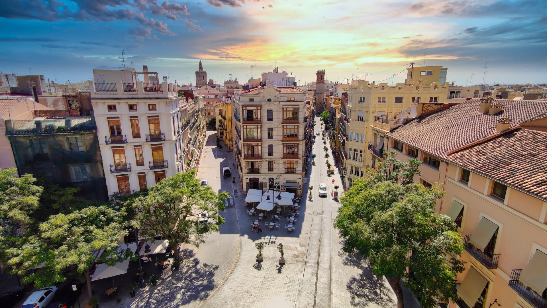 Aerial view of architecture in Valencia at sunset time