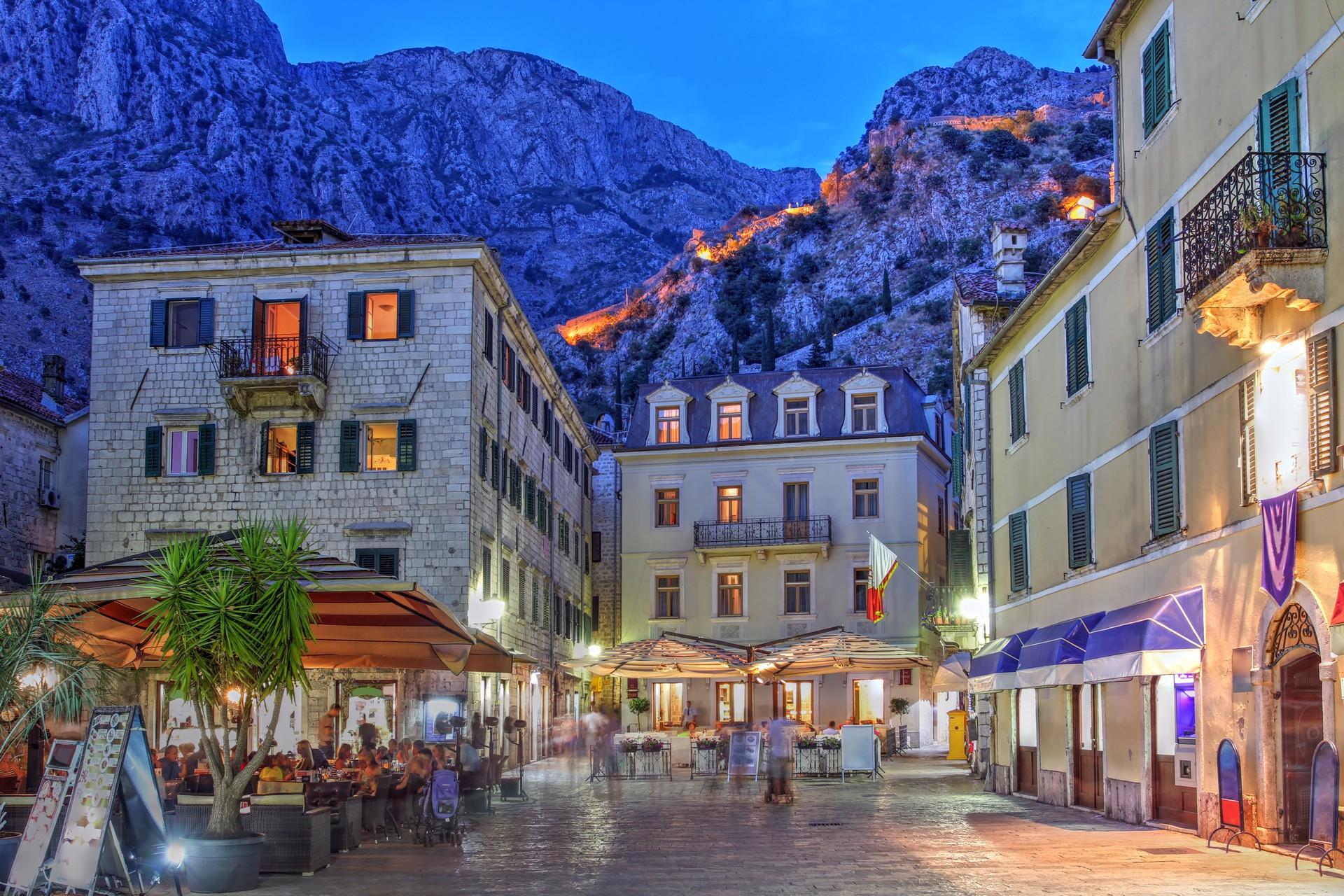 City square in Kotor at sunset time