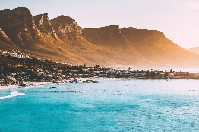 View of mountains surrounded by sea in Cape Town, South Africa