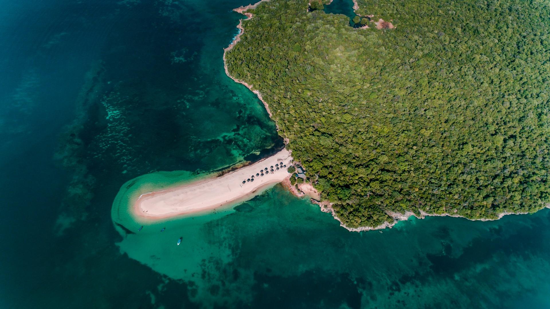 Aerial view of beach with turquise water near Dar es Salaam