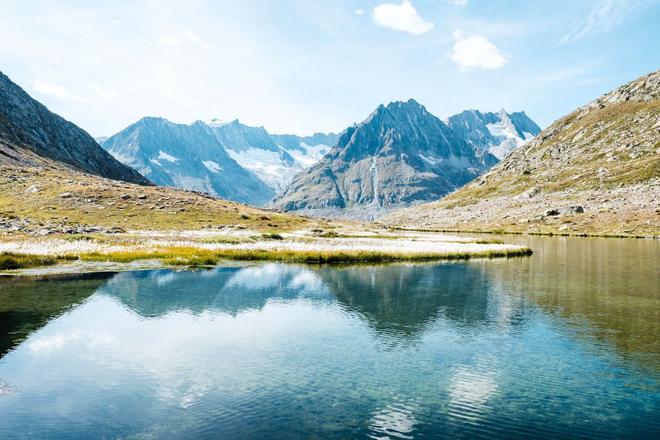 View of mountains and nature from the Märjelensee Lake in Aletsch Arena, Switzerland