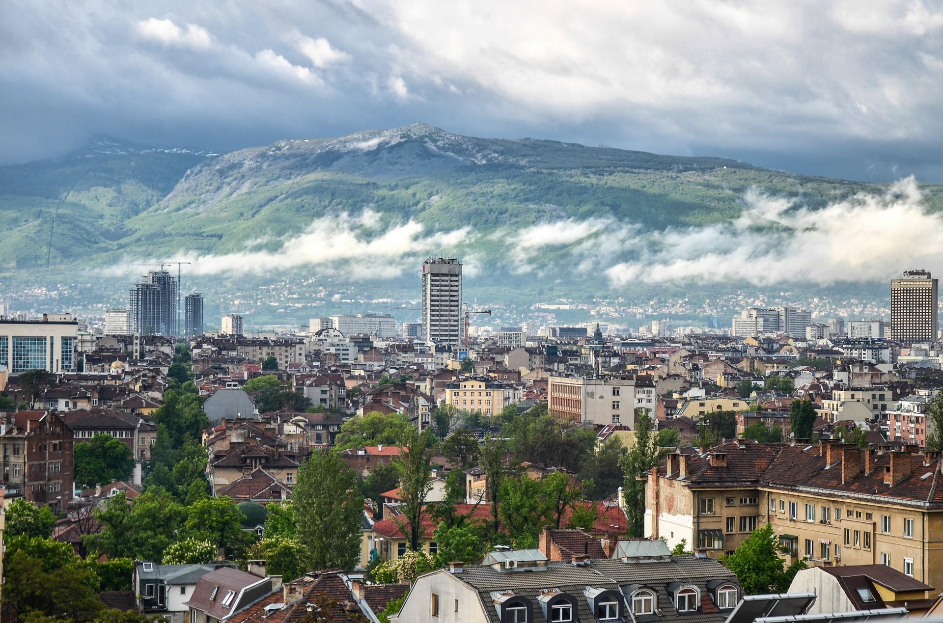 Aerial view of mountain range in Sofia on a day with cloudy weather