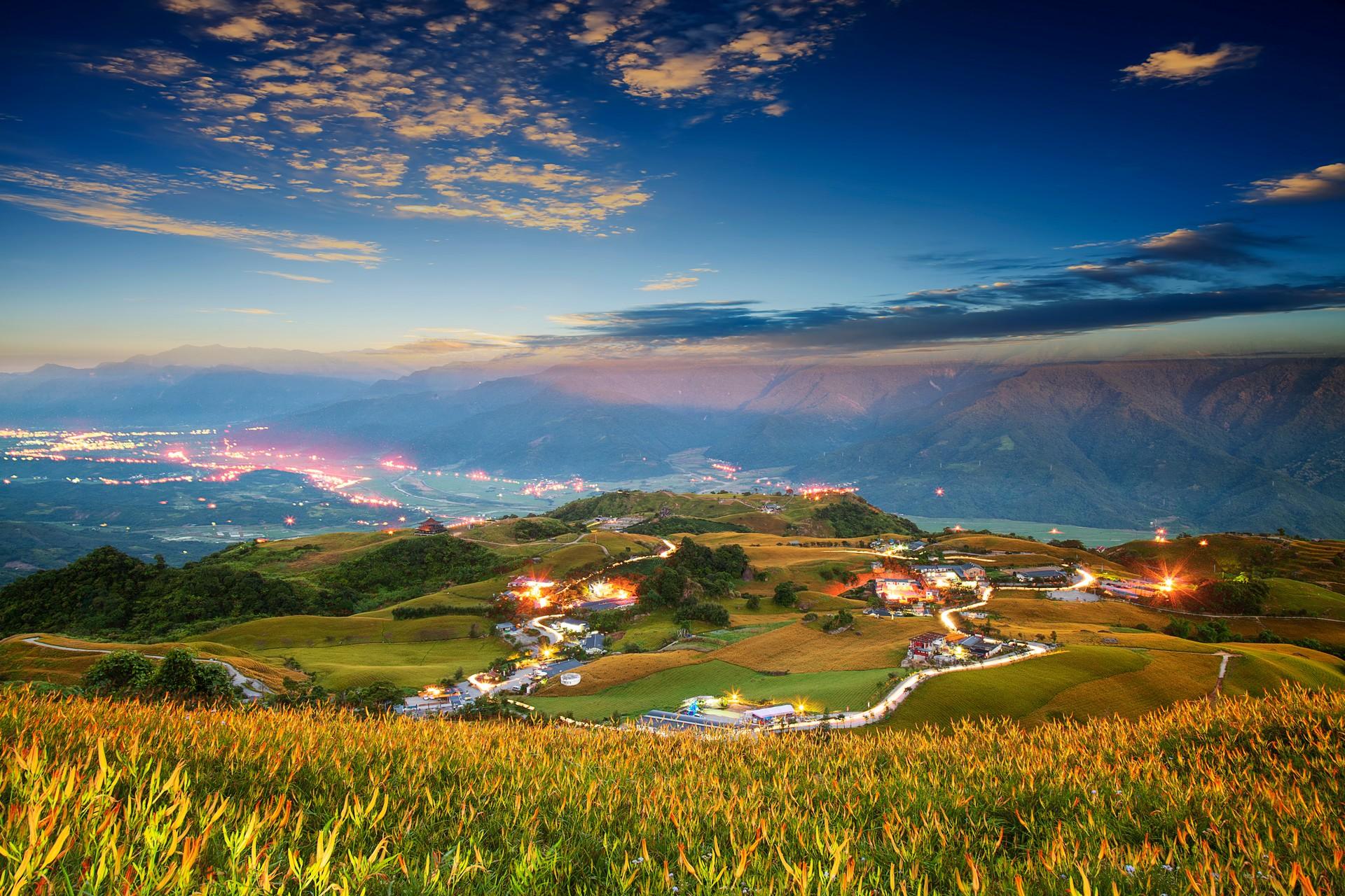 Aerial view of countryside in Hualien at sunset time