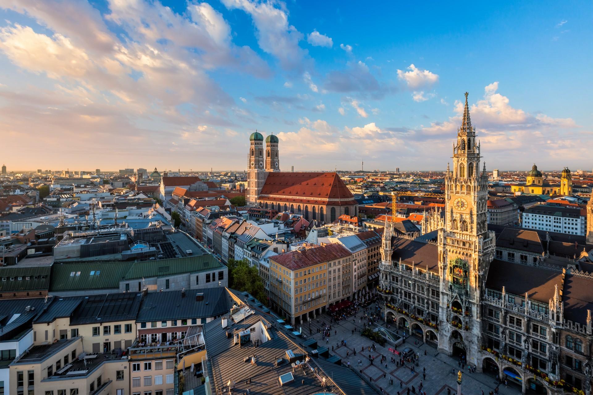 Aerial view of architecture in Munich at dawn