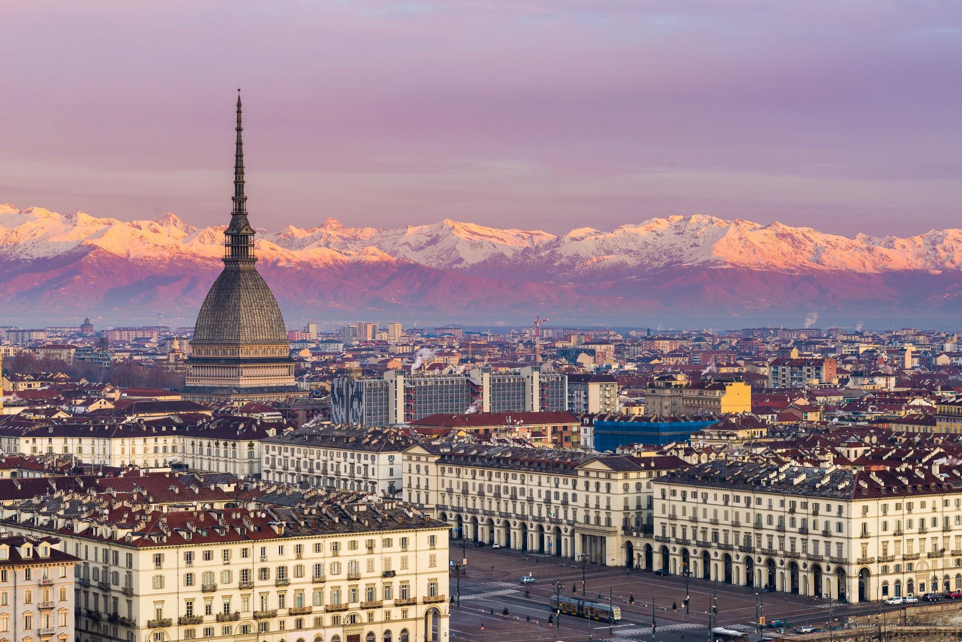 Aerial view of architecture in Turin at sunset time