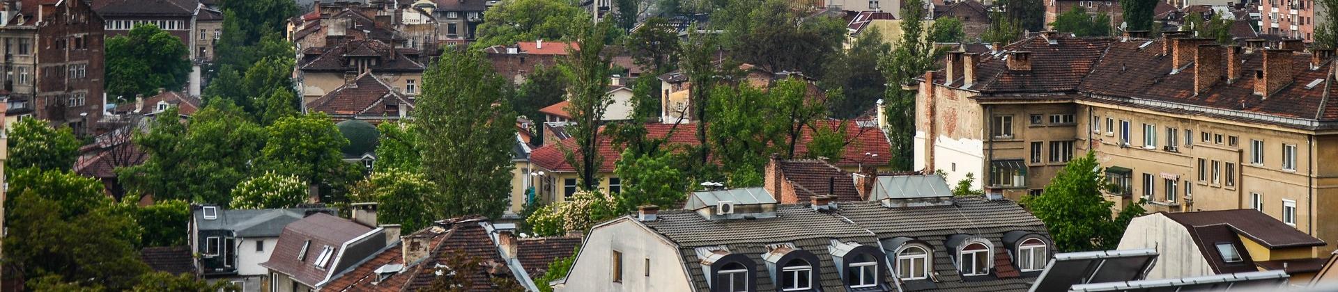 Aerial view of mountain range in Sofia on a day with cloudy weather