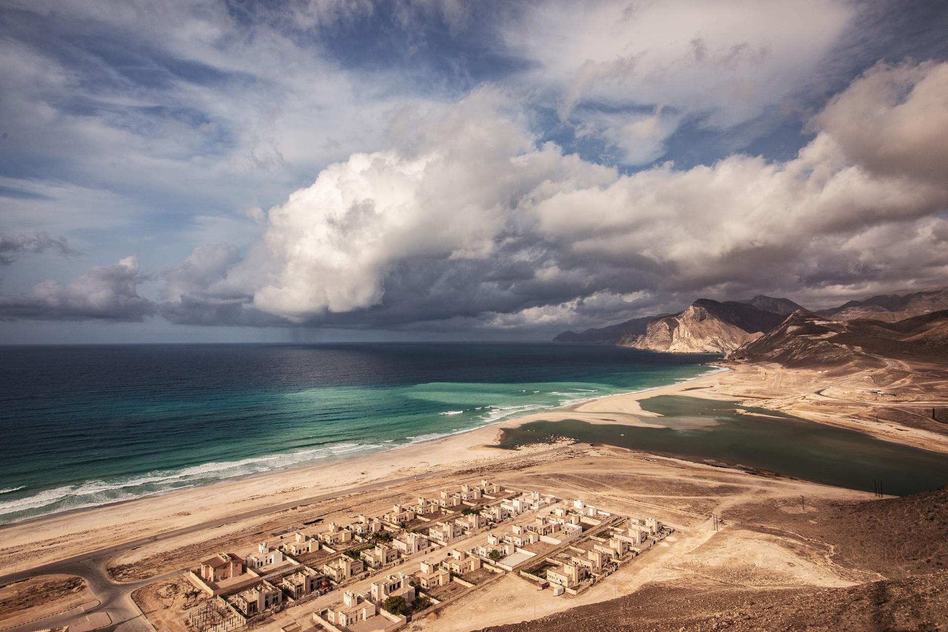 Aerial view of beach in Salalah on a day with cloudy weather