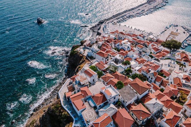 An aerial view of the island of Skopelos in Greece