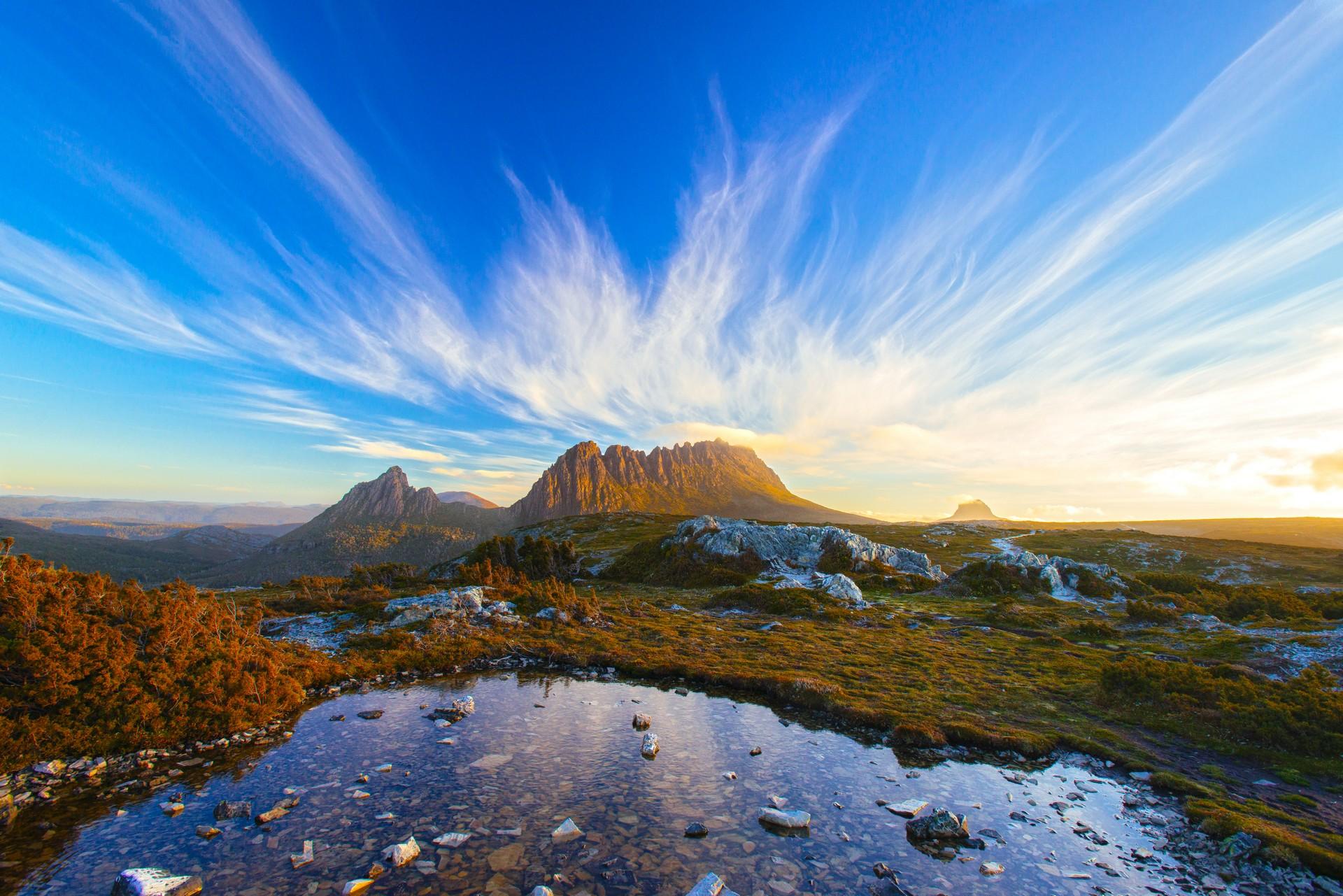 Mountain range in Tasmania at sunset time