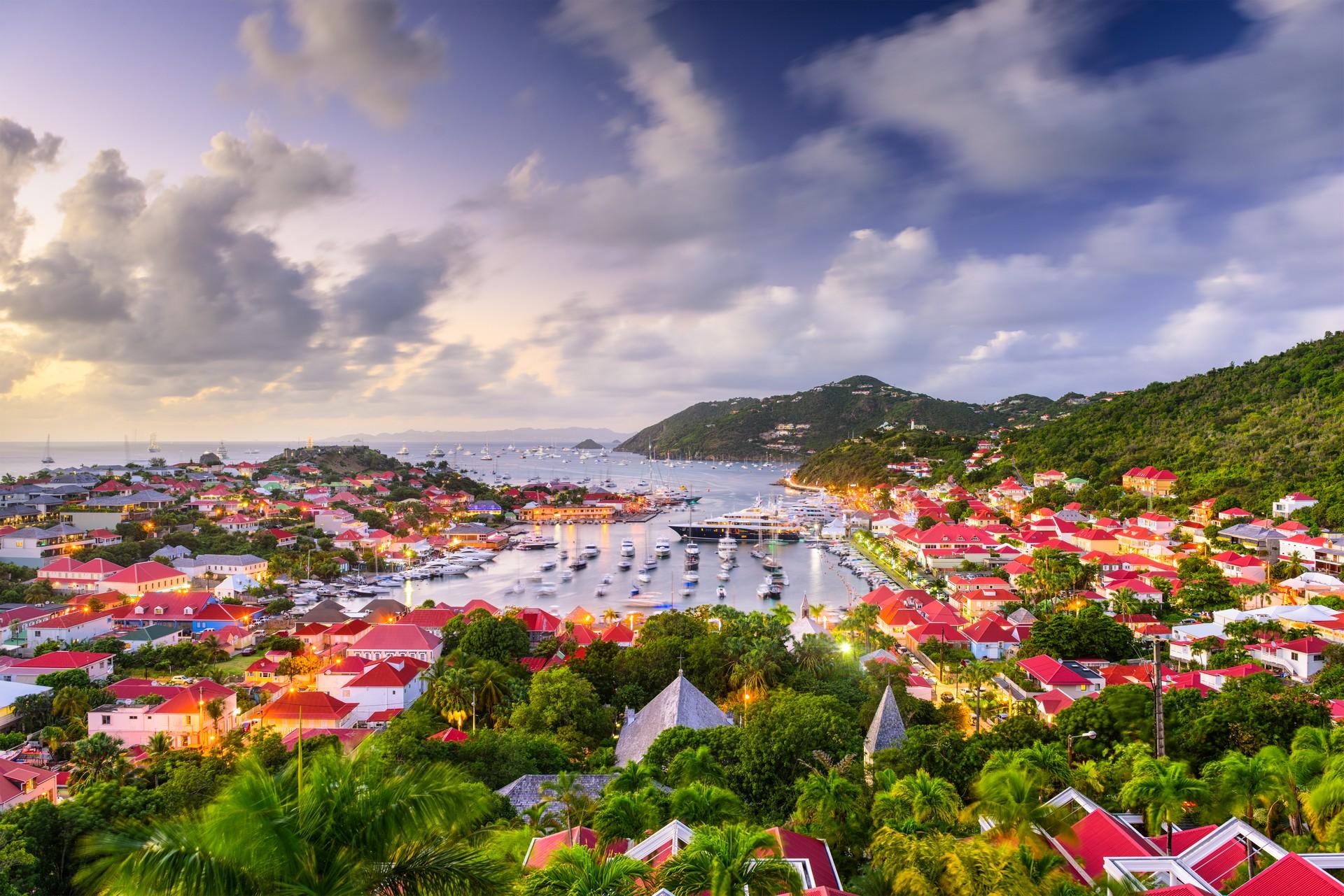 Aerial view of countryside in Saint Barthélemy with cloudy sky