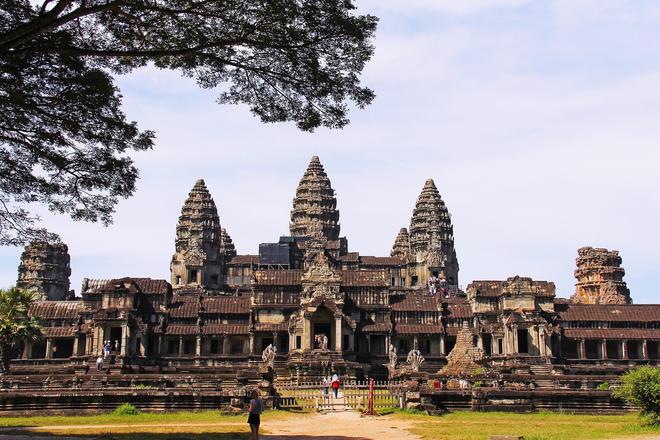 Cambodia: Angkor Wat Temple with a tree in the foreground.