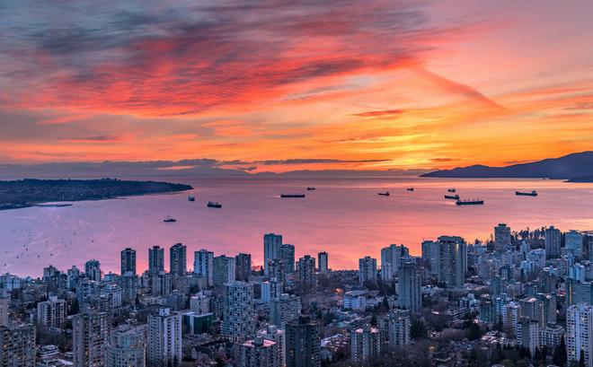 Vancouver at sunset over the sea.