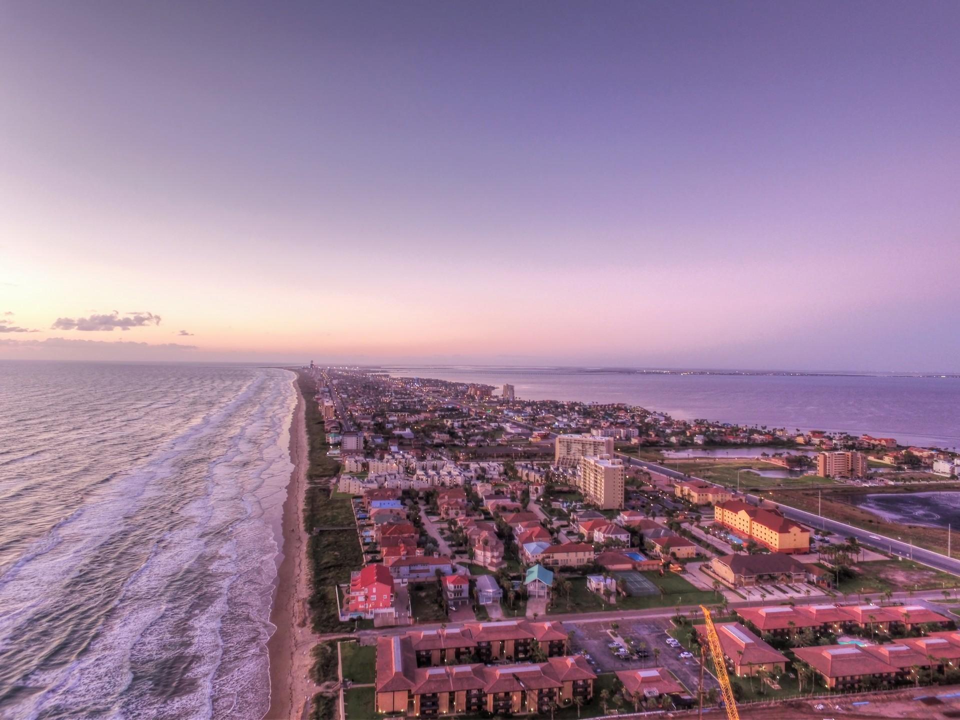 Aerial view of architecture in South Padre Island at sunset time