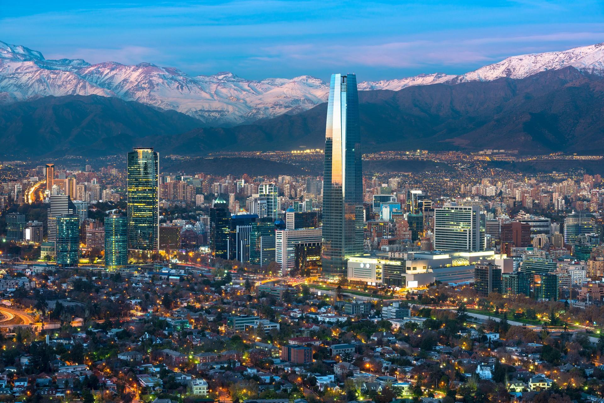 Aerial view of mountain range in Santiago at sunset time